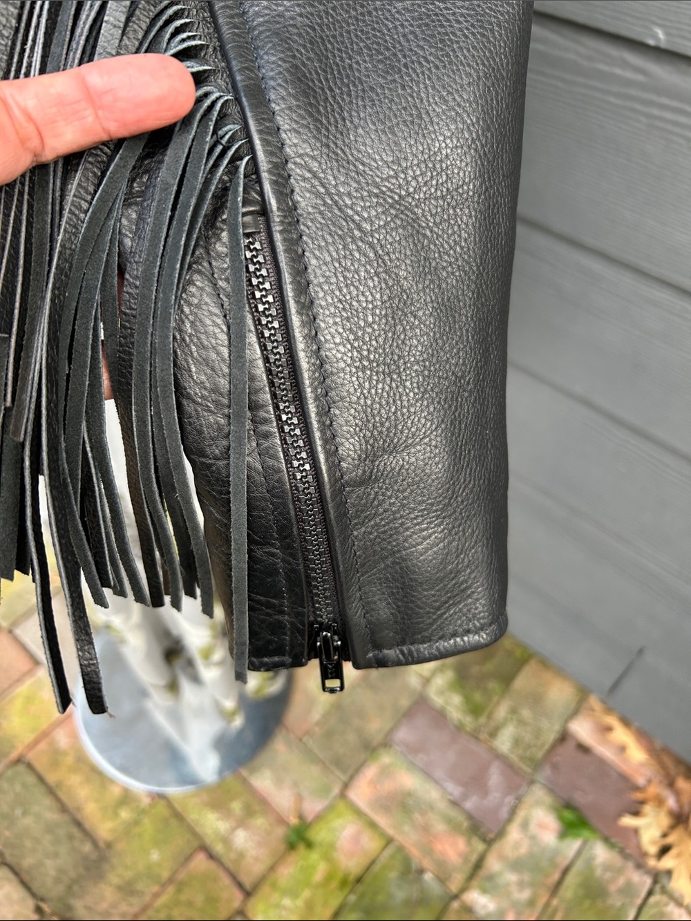 Black Leather Fringe Jacket with Cutout Floral Detail - Picture 7 of 16